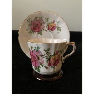 Vintage Royal Prince Bone China Cup & Saucer, Pink Roses, Gold Trim, Ribbed